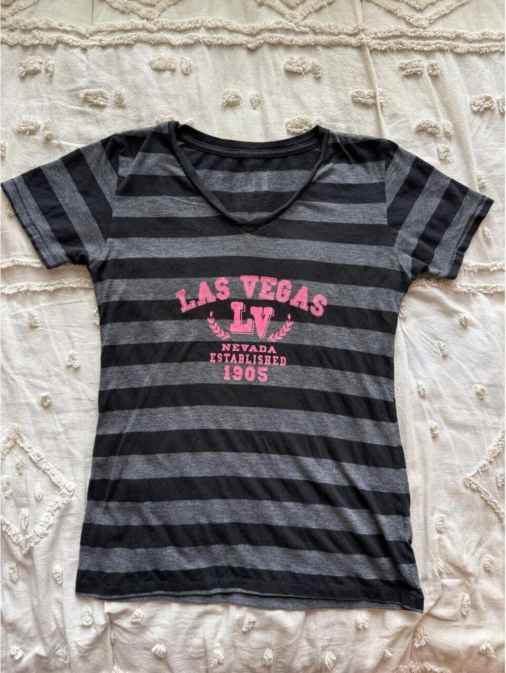 Las Vegas Nevada 1905 Black Gray Striped V Neck Graphic T Shirt Size S